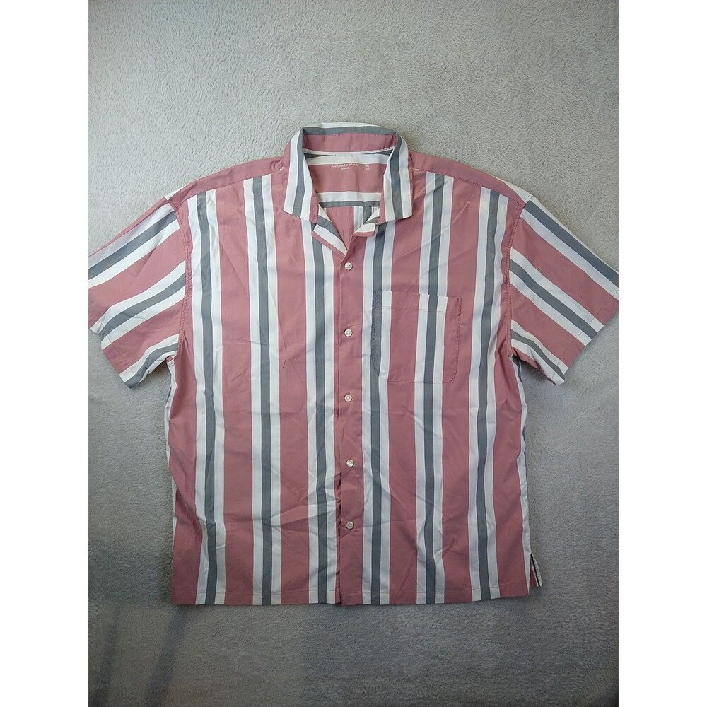 Abercrombie & Fitch Button Up Shirt Men's XL Short Sleeve Red/Gray/White Stripe